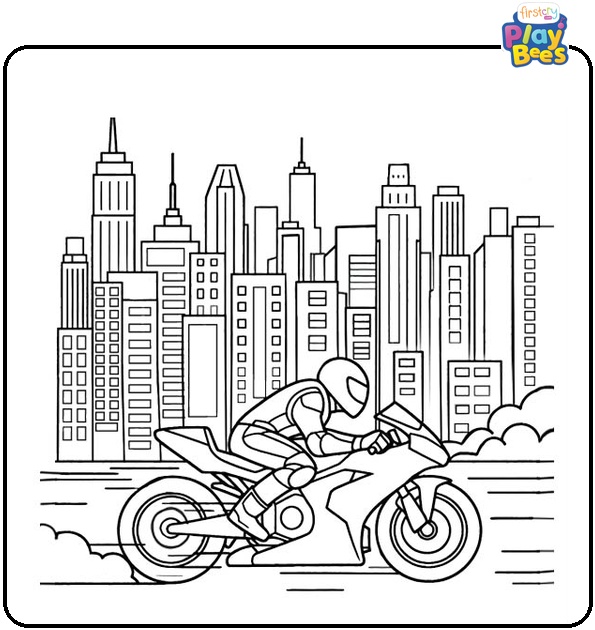 Motorcycle Race Through City Coloring Page