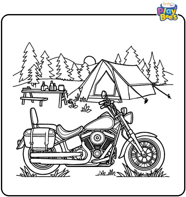 Motorcycle at Campside Coloring Page