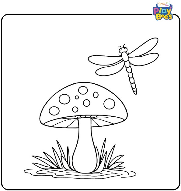 Mushroom and Dragonfly Coloring Page