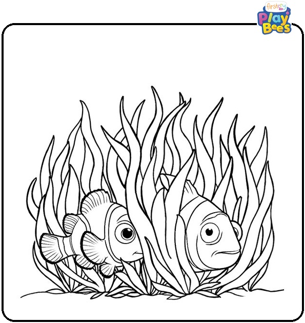 Nemo and Marlin Hiding in Algae Coloring Page