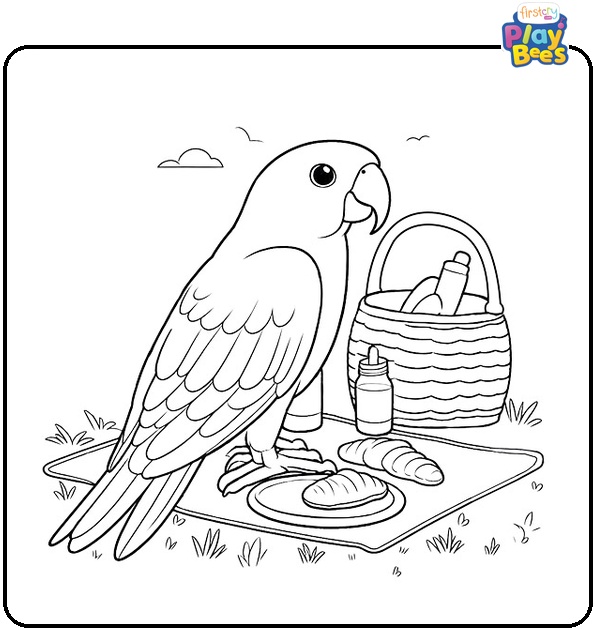 Parrot on a Picnic Coloring Page Parrot on a Picnic Coloring Page