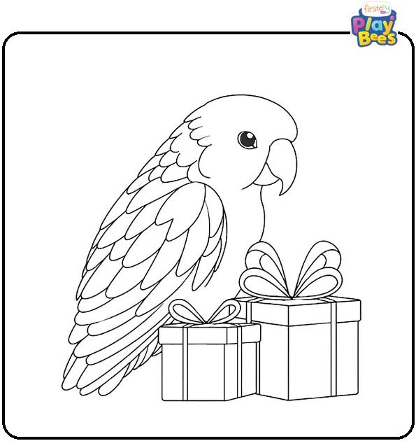 Parrot with Gift Coloring Page Parrot with Gift Coloring Page