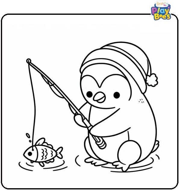 Penguin Catching a Fish Coloring Page
