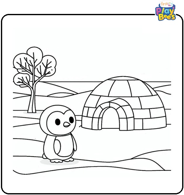 Penguin With Igloo Coloring Page