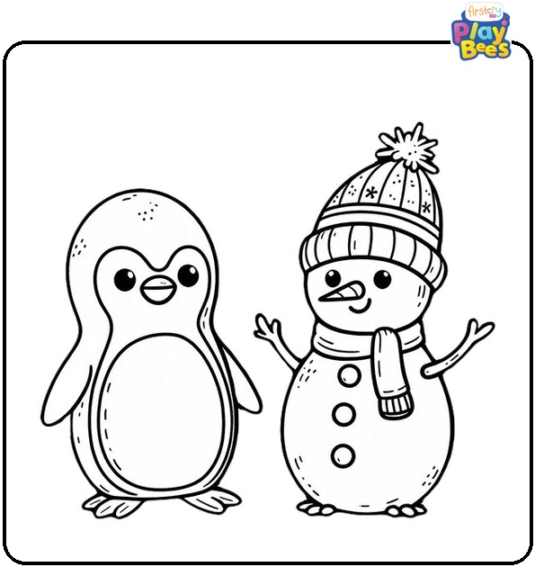 Penguin and the snowman coloring page