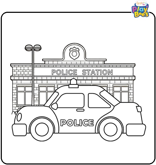 Police Car Near the Police Station Coloring Page