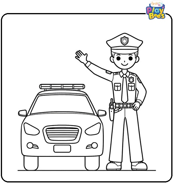 Police Officer Standing Next To His Car And Waving Hand Coloring Page