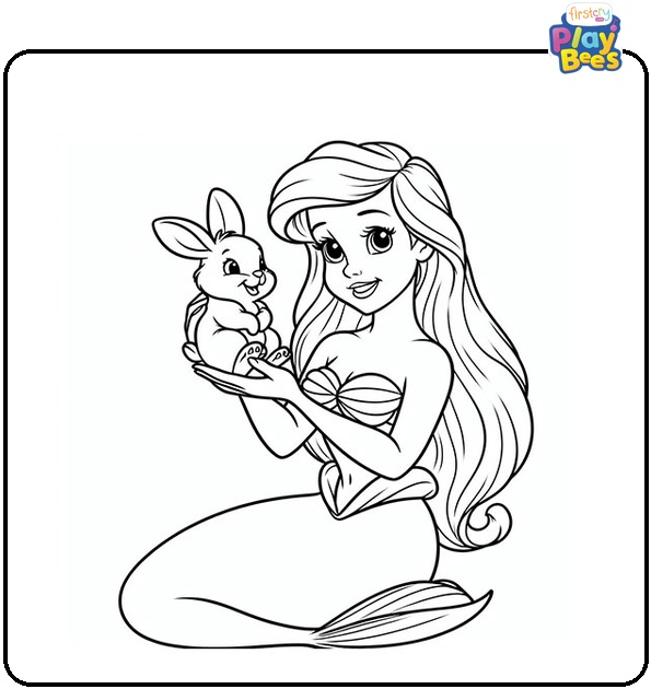 Princess Ariel Holds a Bunny Coloring Page