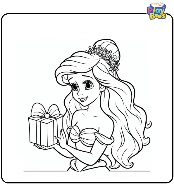 Princess Ariel Holds a Gift Coloring Page