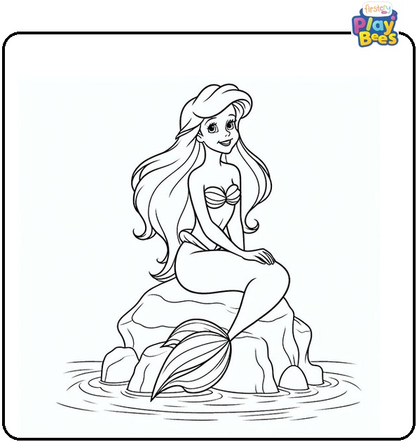 Princess Ariel Sits on the Rock Coloring Page
