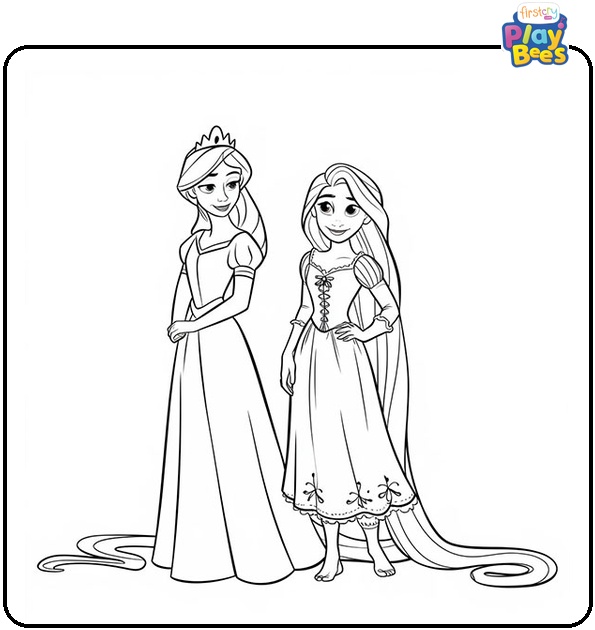 Queen Ariana and Rapunzel Coloring Page Queen Ariana and Rapunzel Coloring Page