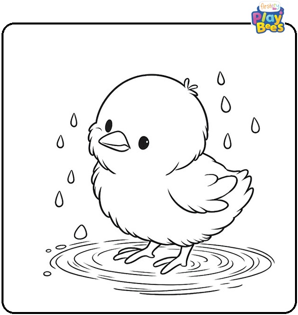 Rainy Day Chick in Puddle Coloring Page