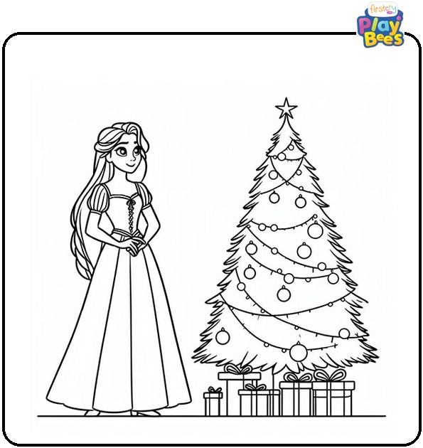 Rapunzel Standing Beside Christmas Tree Coloring Page Rapunzel Standing Beside Christmas Tree Coloring Page