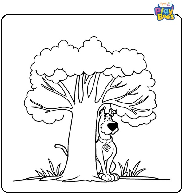 Scooby Doo Hiding Behind a Tree Coloring Page