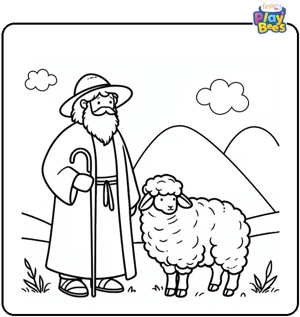 Shepherd with Sheep Coloring Page Shepherd with Sheep Coloring Page