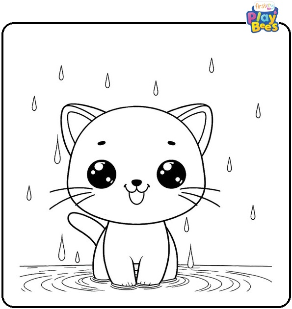 Smiling Cat Standing in the Rain Coloring Page