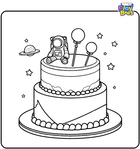 Space-Themed Cake Coloring Page