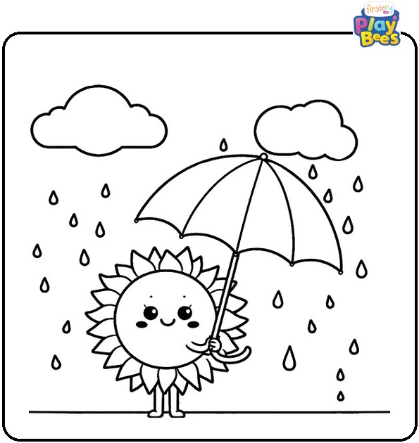 Sun holding an umbrella under a rain cloud Coloring Page