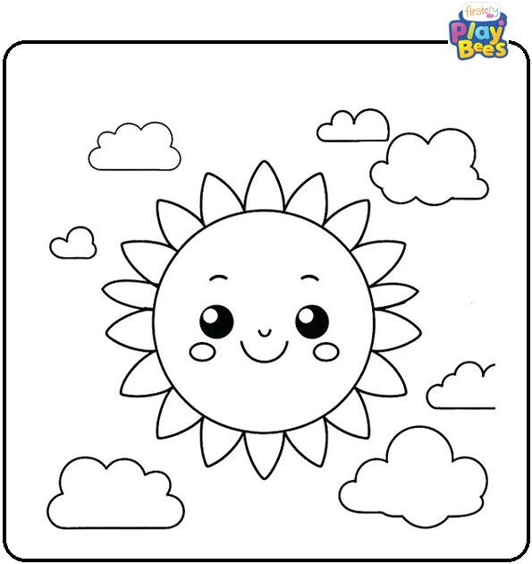 Sun With Smiling Face and Clouds May Coloring Page