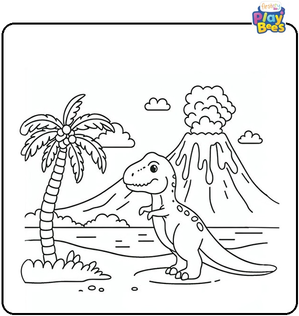 T-Rex Near a Volcano Coloring Page