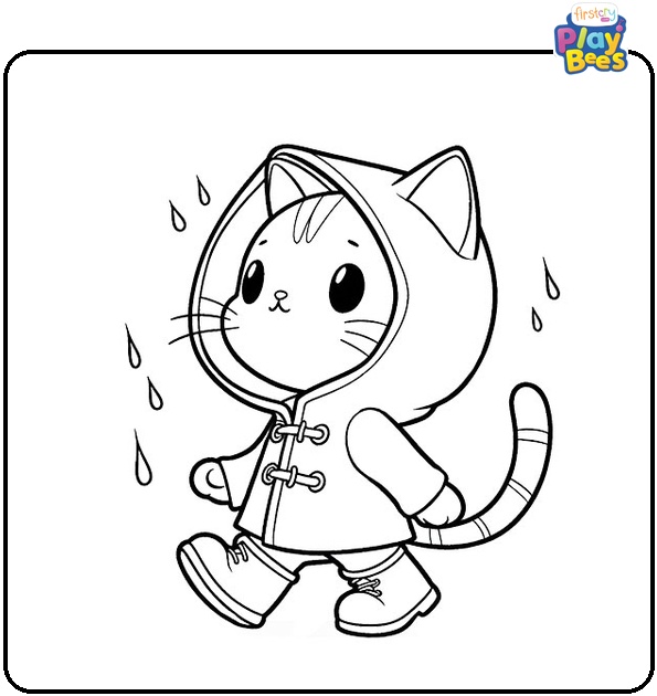 Tabby Cat Walking in Rain With Hooded Coat and Boot Coloring Page