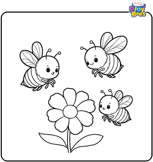 Three Cute Bees Flying Next To Flower Coloring Page
