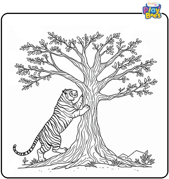 Tiger Climbing Tree Coloring Page