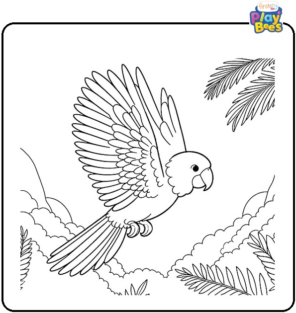 Tropical Parrot Flying in Jungle Coloring Page Tropical Parrot Flying in Jungle Coloring Page