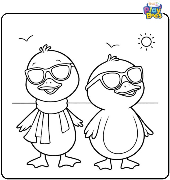 Two Ducks Wearing Sunglasses at the Beach Coloring Page