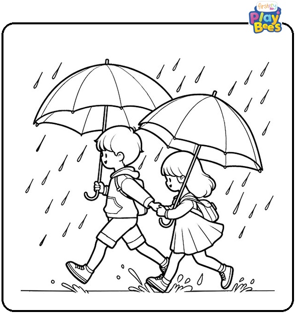 Two Kids Running With Umbrellas Coloring Page