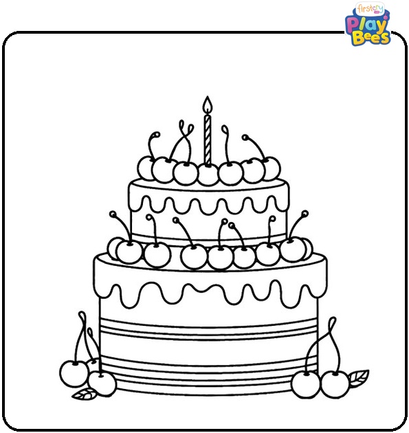 Two-Tiered Birthday Cake with Cherries Coloring Page