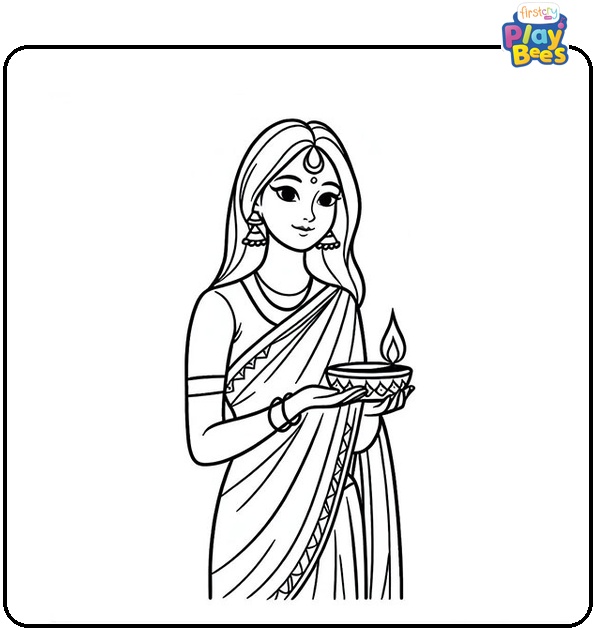 Woman With Diya Coloring Page