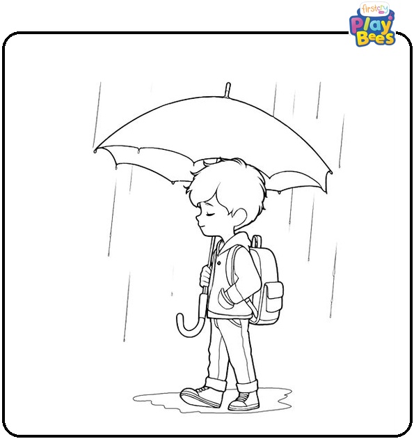 A Boy And His Umbrella Coloring Page