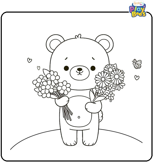 August with Beautiful Bear and Sunflowers Coloring Page