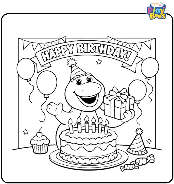Barney Celebrating Birthday Coloring Page