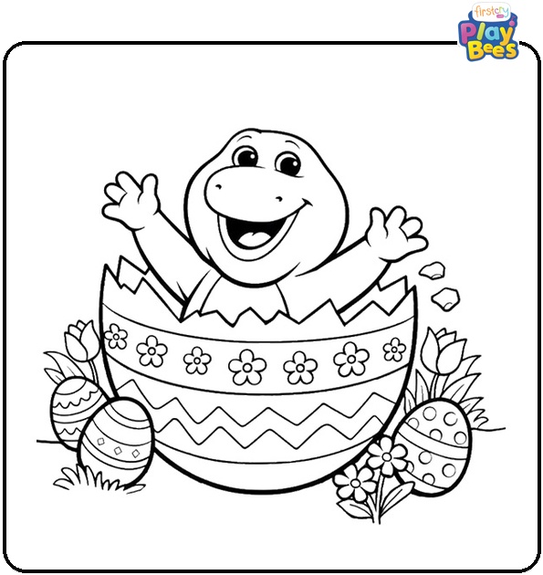 Barney Popping Out of a Big Easter Egg Coloring Page