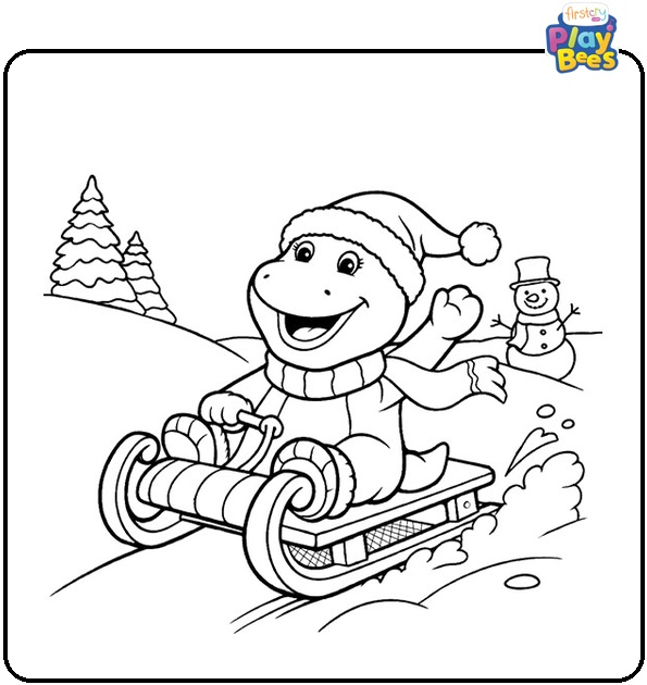 Barney Riding a Sleigh Coloring Page