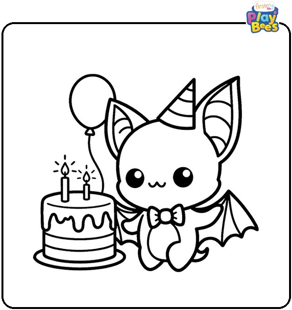 Bat with a Birthday Cake Coloring Page