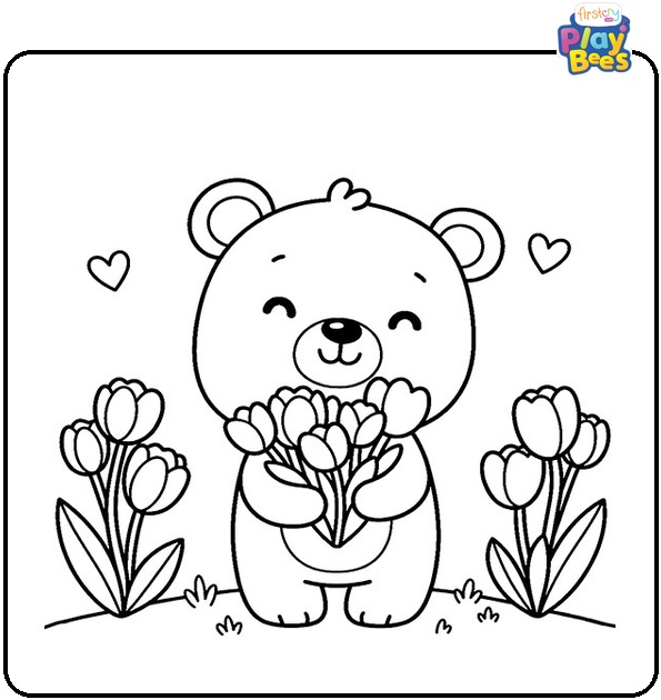 Bear with Tulips Colouring Page