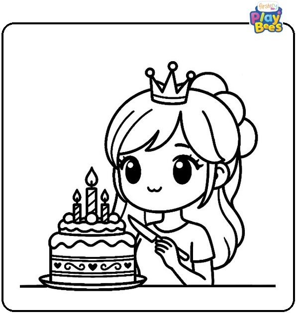 Birthday girl with a cake Coloring Page Birthday girl with a cake Coloring Page