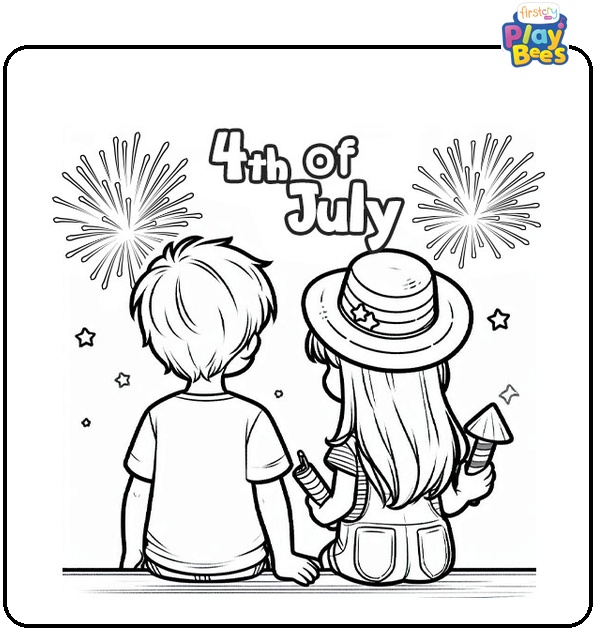 Boy and Girl Watching Fireworks 4th of July Coloring Page