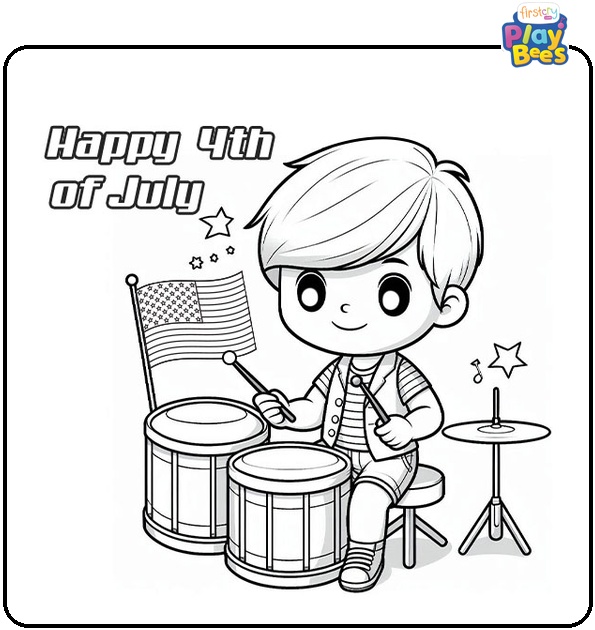 Boy Playing the Drums on 4th of July Coloring Page