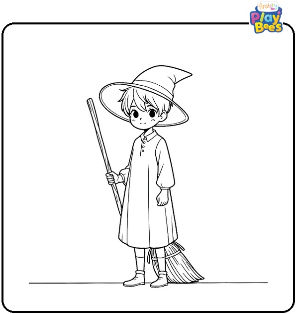 Boy Witch Holds the Broom Coloring Page