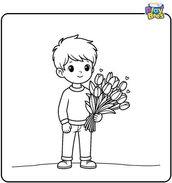 Boy with Tulip Bouquet Colouring Page