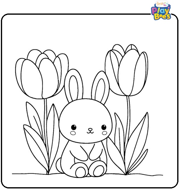 Bunny Under a Tulip Colouring Page
