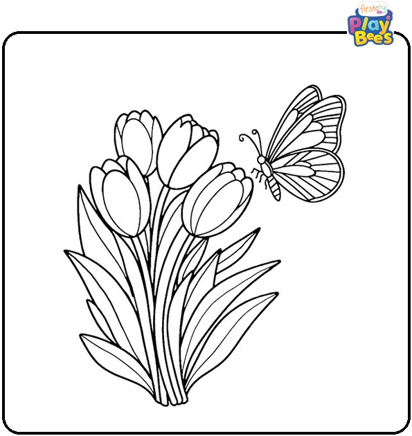 Butterfly Near a Tulip Colouring Page