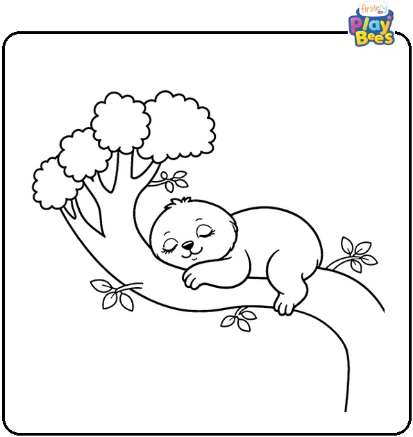 Calm Sloth Sleeping On Tree Coloring Page