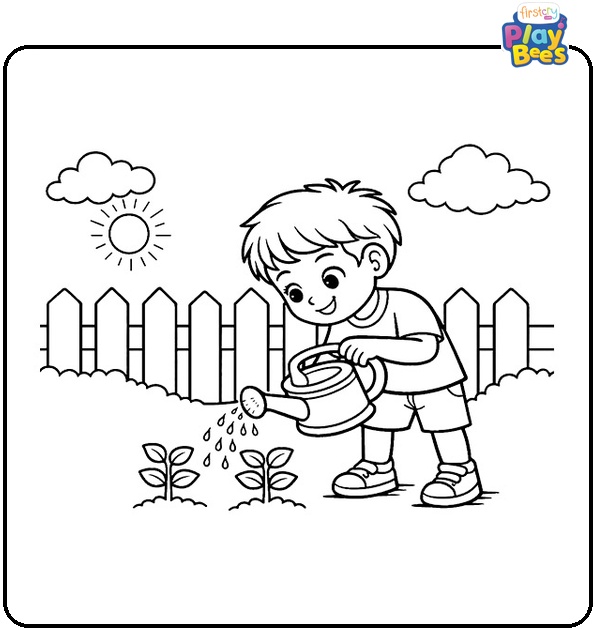 Caring Boy Watering Plants Coloring Page