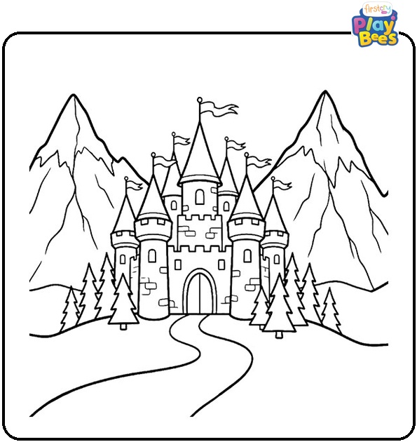 Castle in the Mountains Colouring Page
