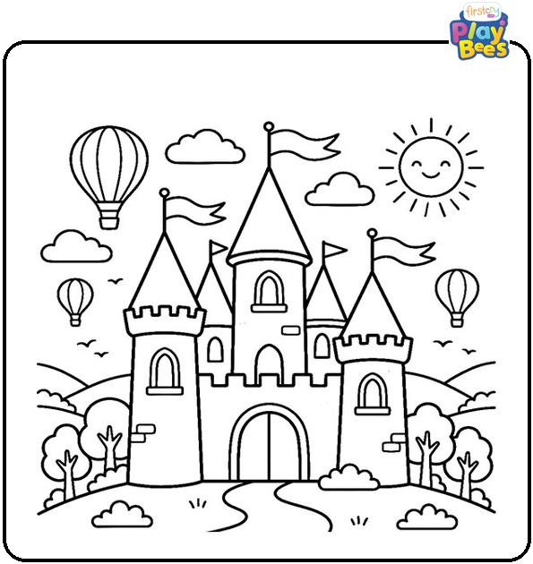 Castle and Hot Air Balloons Colouring Page